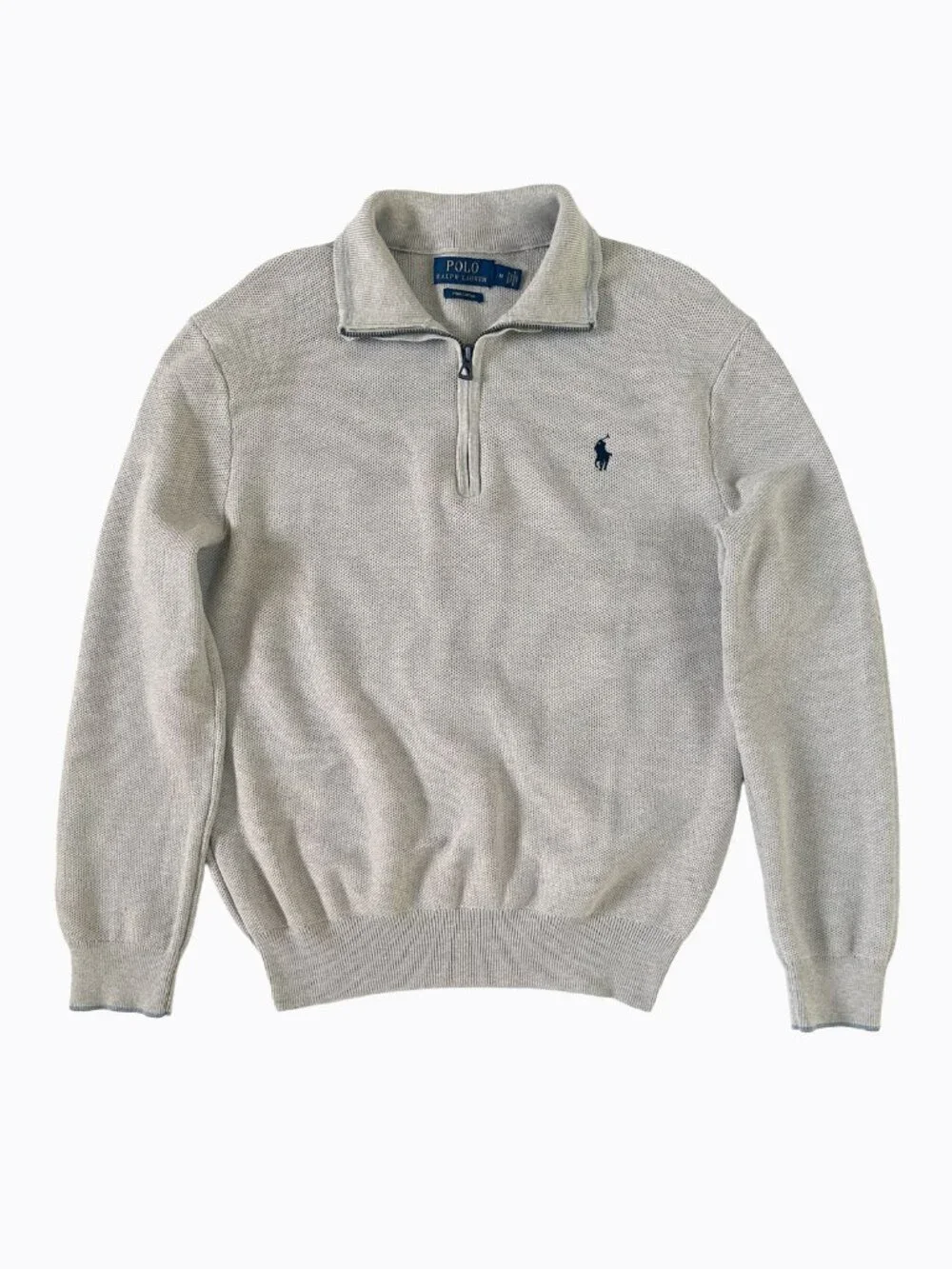 Polo Ralph Lauren Pima Cotton Waffle Knit Quarter Zip Sweater M Beige Tan Pony
